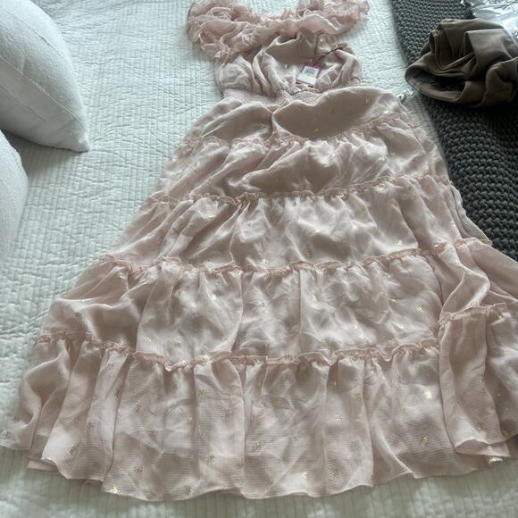 Vince Camuto Foiled Tiered Off-The-Shoulder Maxi Dress Rose Pink Size Medium NEW - Picture 9 of 12